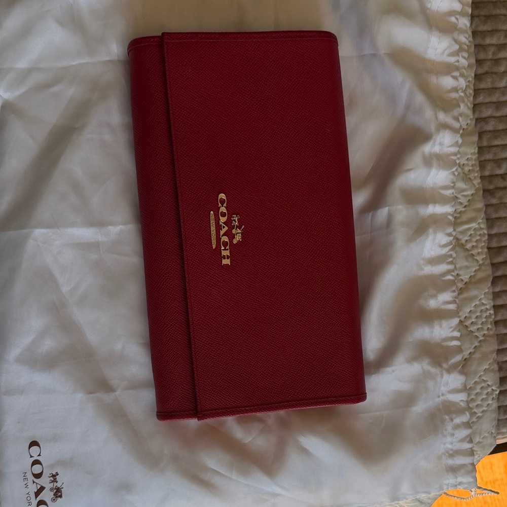 Coach Red Clutch with crossbody strap and dust bag.  EUC.
